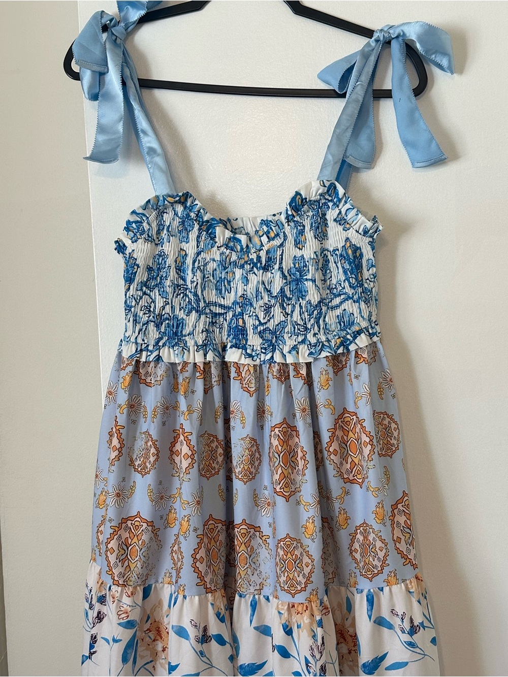 Smocked Tie-Shoulder Maxi Dress in Blue & Cream - Picture 2 of 5